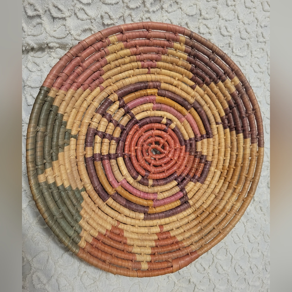 Vintage Handwoven Multicolor Raffia Wicker Basket Gallery Wall Home Decor Boho